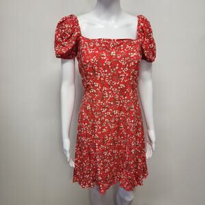 Mi ami Floral Puff Sleeve Mini Dress Size M Red Smocked Square Neck Cottagecore